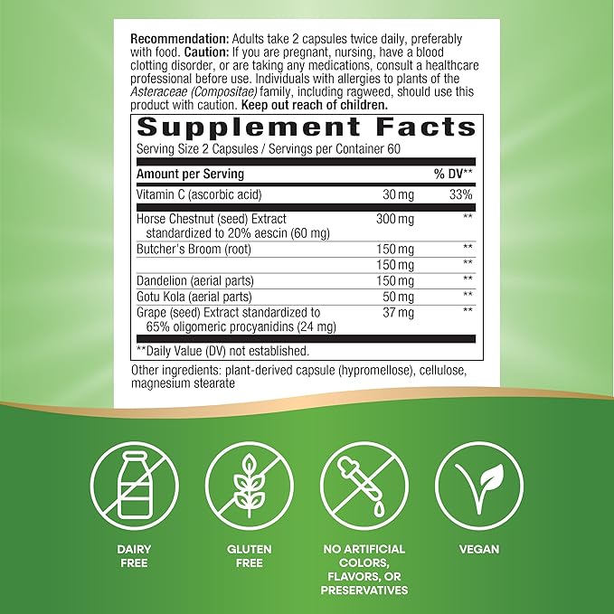 Nature's Way Leg Veins, Supports Healthy Leg Vein Strength*, 6-Herb Blend, With Horse Chestnut Extract, Dandelion, Gluten Free, 120 Vegan Capsules (Packaging May Vary)