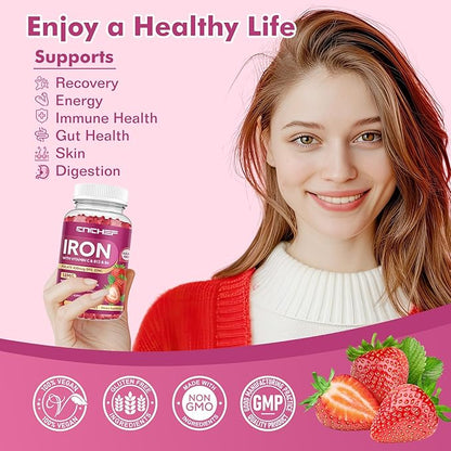 Iron Supplement for Women & Men Gummies, Multivitamin Blood Builder Iron Supplement with Folate Vitamin C B12 B6 Zinc for Adults & Kids - Energy Support - Strawberry Flavor, Vegan 60 Gummies