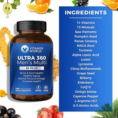Vitamin World Ultra 360 Multivitamin for Men 50 Plus, Men's 50+ Multivitamin with Minerals & Herbs for Prostate Function, Supplement with Vitamin A, C, D, E & Zinc for Healthy Aging, 180 Caplets