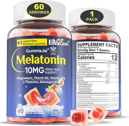 Sugar Free Melatonin Gummies 10mg 20mg with Magnesium Glycinate for Adults, L-Theanine, Ashwagandha, B6, Methyl b12, Lemon Balm & Chamomile, Supports Deep Relaxation,Drug Free, Strawberry- 60 Day