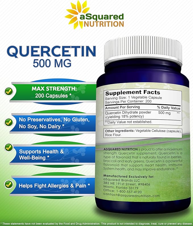 aSquared Nutrition Quercetin 500mg Supplement - 200 Capsules - Quercetin Dihydrate to Support Cardiovascular Health - Max Strength Powder Complex Pills to Help Improve Immune Response