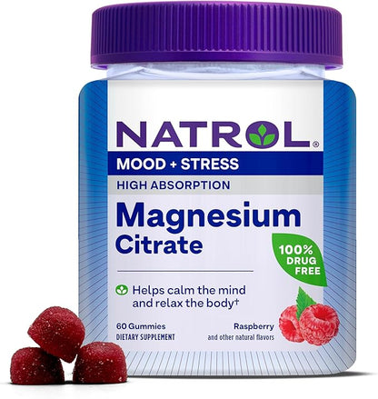 Natrol Mood + Stress Magnesium Citrate 330mg, Dietary Supplement for Mood and Occasional Stress Support, 60 Raspberry-Flavored Gummies, 15-Day Supply