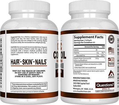 Arazo Nutrition Organic Coconut Oil 2000 MG - 100% Extra Virgin Unrefined Cold Pressed for Weight Support, Skin, Hair, Nails - 120 Softgel Capsules