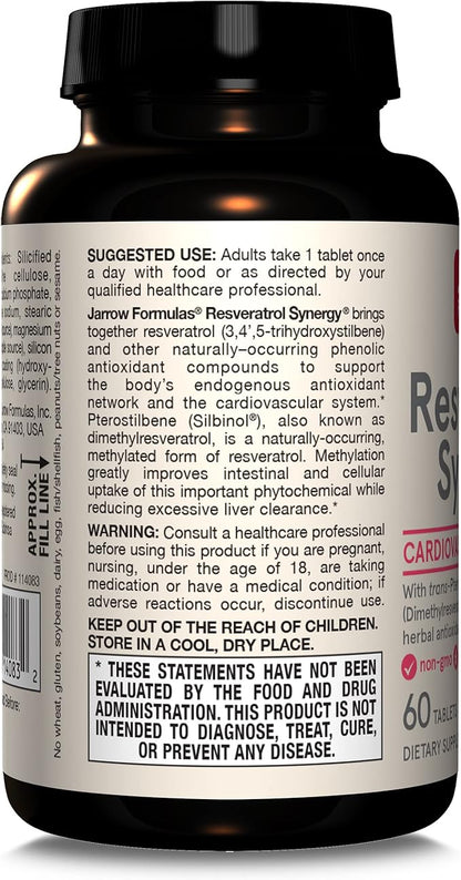 Jarrow Formulas® Resveratrol Synergy® 200 mg, Dietary Supplement, Heart Support, 60 Tablets, 60 Day Supply