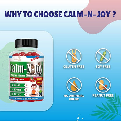 Magnesium Citrate Supplement for Kids & Teens, Anti-Stress Calm Magnesium Gummies Support Relaxed Muscles, Sleep, Bone Health, Gluten Free, Low Sugar 60 Ct