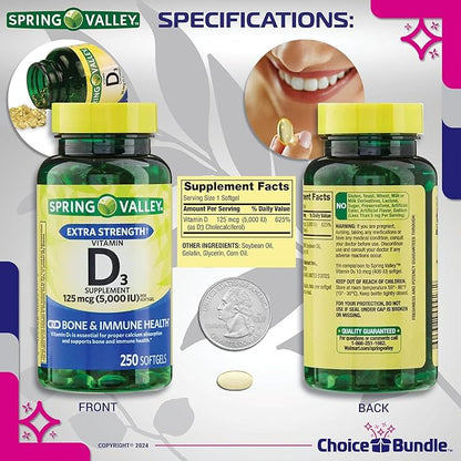 Spring Valley Vitamin D3 Softgels 125 mcg per Soft Gel 5,000 IU 250 Ct 3 pk (750 Total) + Vitamin Guide & Pill Container (5 Items)!
