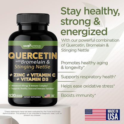 Quercetin with Vitamin C and Zinc - Nettle Quercetin - Quercetin 500mg - Quercetin with Bromelain - Zinc Quercetin + Vitamin D3 - 120 Veggie Caps - (Non-GMO, Gluten-Free, Vegan) - 2 Month Supply
