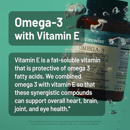NatureWise Extra-Strength Omega 3 Fish Oil Supplement - 1000mg per Serving - 600 EPA & 400 DHA and Vitamin E - Support for Heart & Brain Health - Lemon Flavor, GMO-Free - 180 Softgels[3-Month Supply]