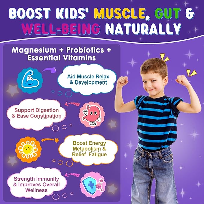 Magnesium Glycinate Gummies for Kids 4+ & Magnesium Citrate, Melatonin Free-Kids Magnesium Supplement w/L-Theanine, Omega 3, D3 K2, B6 B12, for Zzz, Relaxation, Muscle, Brain & Gut, Sugar Free 60 Cts