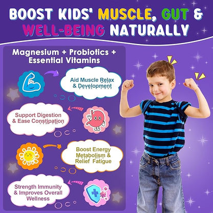 Magnesium Glycinate Gummies for Kids 4+ & Magnesium Citrate, Melatonin Free-Kids Magnesium Supplement w/L-Theanine, Omega 3, D3 K2, B6 B12, for Zzz, Relaxation, Muscle, Brain & Gut, Sugar Free 60 Cts