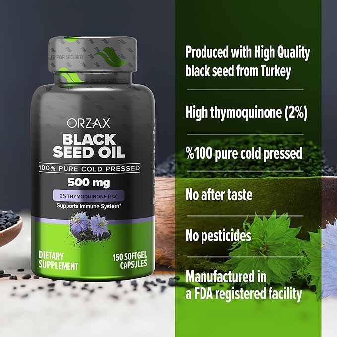 ORZAX Black Seed Oil Cold Pressed 100% Pure | Non-GMO – Rich in Omega 3 6 9 & Thymoquinone | Black Cumin Nigella Sativa Oil for Immune Support, Hair, Skin, Face (150 Softgel Capsules)