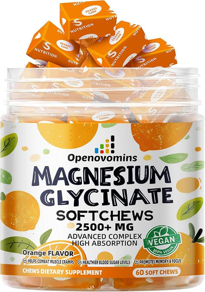 Magnesium Glycinate Soft Chews, Orange Flavor.Chewable Sugar Free Potassium Magnesium Chews with Magnesium Glycinate, Vitamin D, B6, and CoQ10 for Calm Support & Sleep for Adults, 60 Days Supply