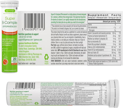 Igennus Super B-Complex Methylated Liquid B-Vitamin Effervescent Supplement, Fast Action Energy Drink, Caffeine & Sugar-Free, Orange Flavor, Vegan, 20 Tablets