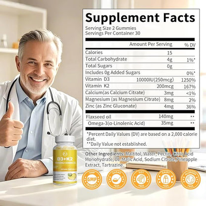 Vitamin D3 K2 Filled Gummies, Vitamin D3 10000IU, K2 (MK-7) 200mcg, Sugar Free K2 D3 Vitamin Supplement with Omega-3, Calcium, Magnesium, Zinc for Muscle, Bones & Immune Support, 1 Pack