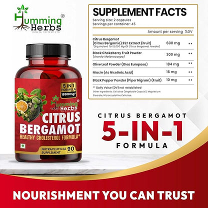 Bergamot Citrus 1110mg – Supports Heart Health – with Black Choke Berry, Niacin, Olive Leaf & Black Pepper Extract 90 Capsule