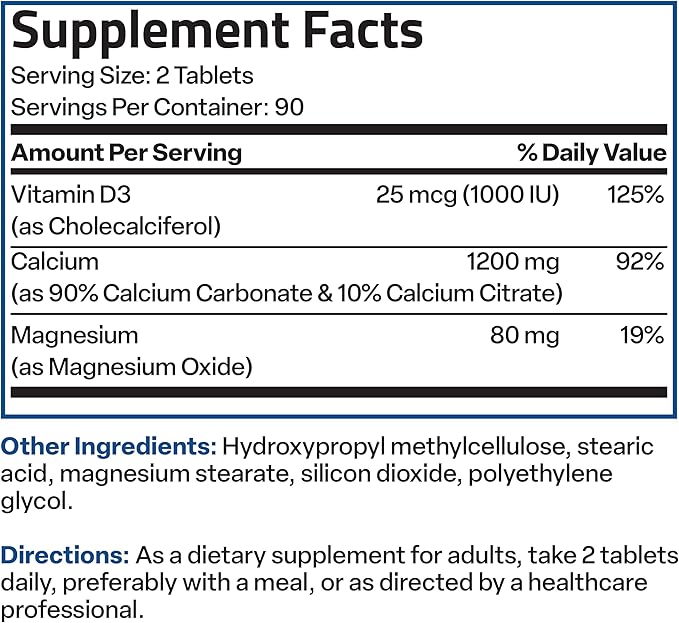 Bronson Calcium 1200 MG Per Serving Sustained Release with Vitamin D3 1000 IU Vitamin D3 Per Serving Non-GMO, 180 Tablets