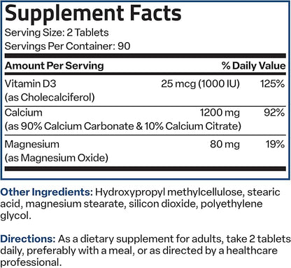 Bronson Calcium 1200 MG Per Serving Sustained Release with Vitamin D3 1000 IU Vitamin D3 Per Serving Non-GMO, 180 Tablets