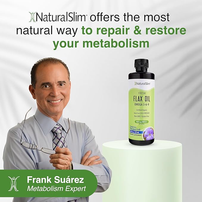 NaturalSlim Flax Oil - Flaxseed Oil Liquid Supplement with Omega 3 6 9 - Cold-Pressed Certified Organic Flax Seed Oil for Hair, Skin, Nails, Healthy Cells & Vegetable Oil for Cooking - 16 fl. Oz.