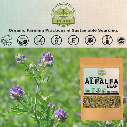 ZeeHERBS Organic Alfalfa Leaf 4 oz. (113g) Pack, USDA Certified Organic Alfalfa Leaf Herb Loose Leaf Tea, Premium Quality Medicago Sativa Herb, Cut & Sifted, Alfalfa Tea Leaves