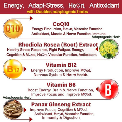 Sugar Free CoQ10-200mg 400mg Filled Gummies - 2 Months Supply - w/ Vitamin B12 1000mcg, Rhodiola Rosea & Panax Ginseng, B6, Coenzyme Q10 Supplement for Hear-t, Energy, Antioxidant, Ultra Absorption