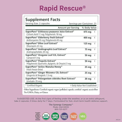 PURE SYNERGY Rapid Rescue | Organic Immune Support Capsules | Herbal Supplement with Echinacea, Elderberry, and Olive Leaf Extracts | for Immediate Immune Support (42 Capsules)