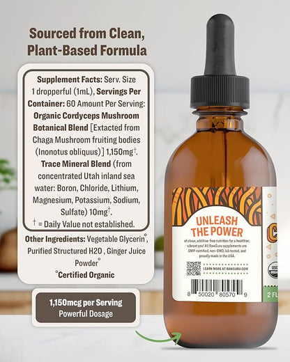 RawGuru Cordyceps Mushroom Supplement - Vegan Cordyceps Extract with Trace Minerals - Nano-Processed Immunity Boost & Cognitive Supplement Tincture - 60 Servings of Vegan Drops per 60 ml, Pack of 1
