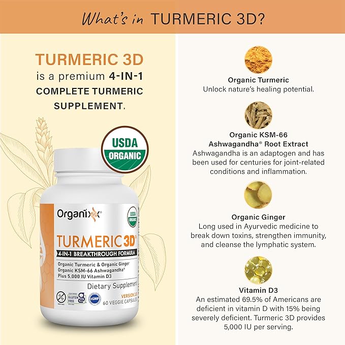 Organixx USDA Organic Turmeric Curcumin Supplement with Ashwagandha, Vitamin D, Turmeric & Ginger – Immune & Joint Support, Fermented for Maximum Bioavailability, 60 Vegetarian Capsules