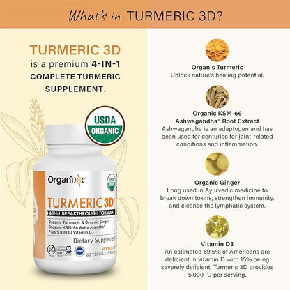 Organixx USDA Organic Turmeric Curcumin Supplement with Ashwagandha, Vitamin D, Turmeric & Ginger – Immune & Joint Support, Fermented for Maximum Bioavailability, 60 Vegetarian Capsules