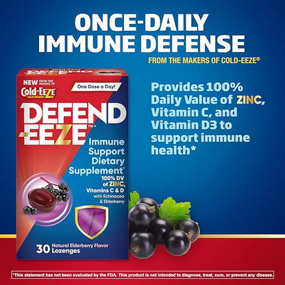 Defend-EEZE Immune Support Dietary Supplement Lozenges, 100% Daily Value of Zinc, Vitamins C & D per Dose, with Echinacea & Elderberry, Elderberry Flavor, 30 Lozenges