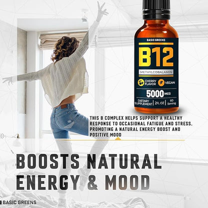 Vitamin B12 Sublingual (Vegan) 2 Fl Oz - Methylcobalamin B12 Vitamins 5000 mcg, B12 Liquid Drops, Methyl B12, Cherry Flavor