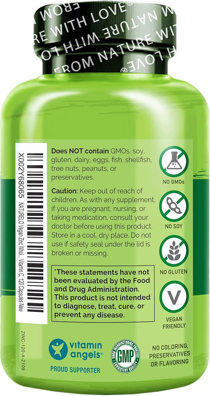NATURELO Vegan Zinc Immune Support Capsules - Whole Food Complex with Vitamin C for Healthy Skin, Hair, and Nails - 120 Capsules (Pack of 2)