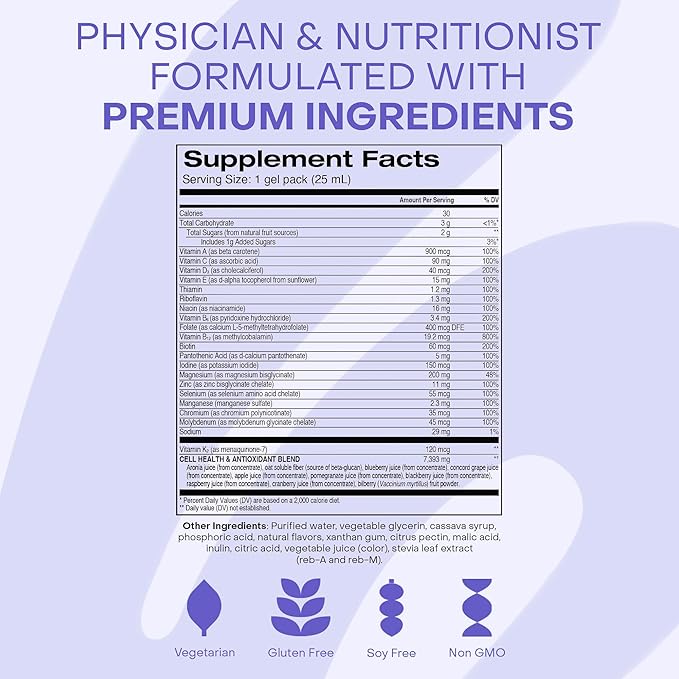 Healthycell Bioactive Daily Liquid Multivitamin for Men & Women – 20+ Essential Vitamins, Minerals & Antioxidants for Brain, Heart, Immunity, Energy, Skin & Hair Support - 30 Gel Packs