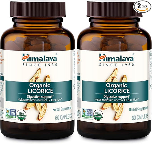 Himalaya Organic Licorice Root Herbal Supplement, Non-DGL, Occasional Heartburn, Indigestion and Upset Stomach Relief, Digestive Support, Non-GMO, USDA Organic, Vegan, 60 Plant-Based Caplets, 2 Pack