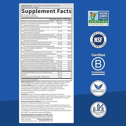 Garden of Life Dr. Formulated Multi+ Stress & Mood, Fermented Liposomal Multivitamin + Ashwagandha, B Vitamins & Probiotics - 60 Capsules, Whole Food Vitamin & Mineral Supplement