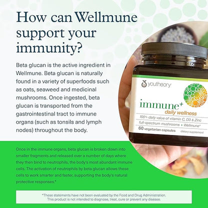 Youtheory Immune+ Daily Wellness - Vegetarian Immune Support Supplement with Vitamin C, Vitamin D3 & Zinc* - Mushroom Supplement with Turkey Tail, Cordyceps & Reishi - 60 Vegetarian Caps