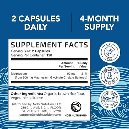 Magnesium Glycinate 500mg | Chelated for High Absorption | Muscle Relaxation, Bones, Heart, Nerve, Sleep & Calm Support for Women & Men | Magnesium Chelate Supplement & Bisglycinate Complex | 240ct