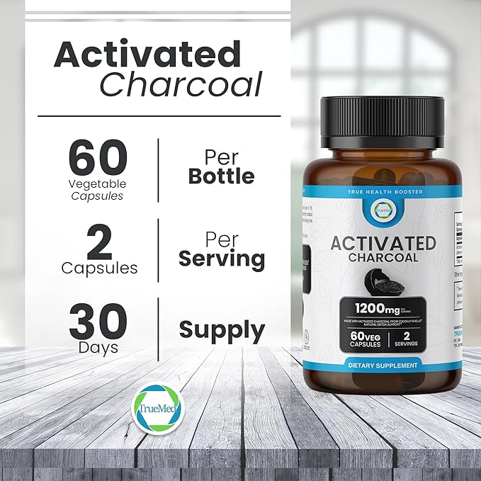 Activated Charcoal Capsules 1200 MG, 60 Veg Caps, 30-Days Premium Detox & Digestive Support, Gas & Bloating Relief, Organic Coconut Shell Charcoal, Gut Health, USA Made.