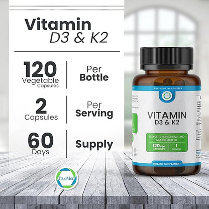 Vitamin D3 & K2 Supplement – High-Potency D3 5000 IU + K2 MK7 – Supports Bone, Heart & Immune Health – Calcium Absorption & Cardiovascular Wellness – 120 Vegan Capsules