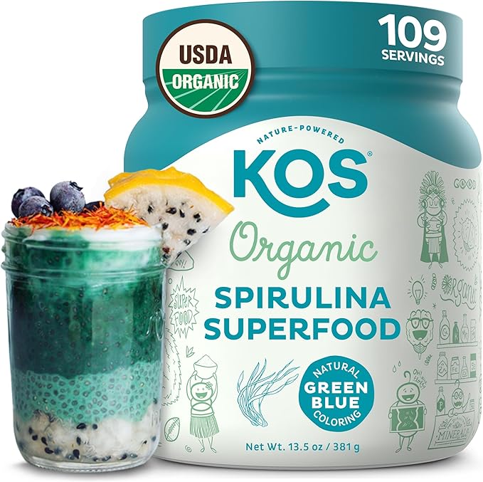 KOS Organic Spirulina Powder - USDA Certified Organic, 109 Servings of Superfood Powder for Smoothies & Juices, Non-Irradiated Blue Green Algae, Plant Based with Antioxidants, Vegan (13.5oz)