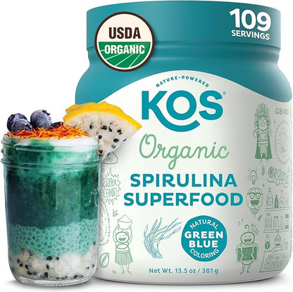 KOS Organic Spirulina Powder - USDA Certified Organic, 109 Servings of Superfood Powder for Smoothies & Juices, Non-Irradiated Blue Green Algae, Plant Based with Antioxidants, Vegan (13.5oz)