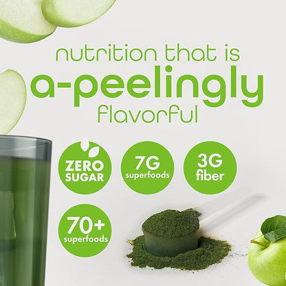 Organic Super Greens Powder, 70+ Superfoods, 0 Sugar, 3G Fiber, Spirulina, Chlorella, Antioxidants, Prebiotics/Probiotics, Digestive Enzymes, Green Apple, 30 Servings