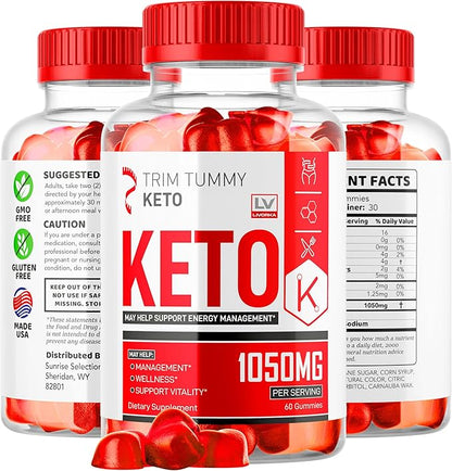Trim Tummy Keto ACV Gummies 1050MG, Keto Apple Cider Vinegar - Advanced Formula, 60 Gummies for 1 Month