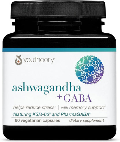 Youtheory Ashwagandha + GABA - Uses KSM-66-1,000 mg Ashwagandha & 100 mg GABA - Cortisol, Stress & Memory Support Supplement - 60 Vegetarian Capsules