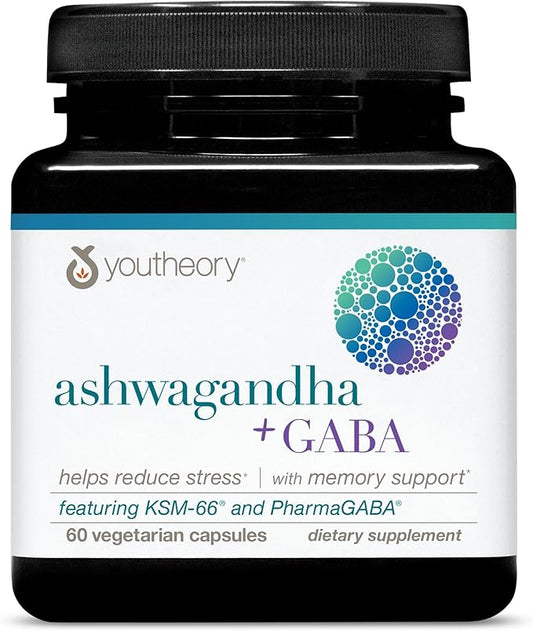 Youtheory Ashwagandha + GABA - Uses KSM-66-1,000 mg Ashwagandha & 100 mg GABA - Cortisol, Stress & Memory Support Supplement - 60 Vegetarian Capsules