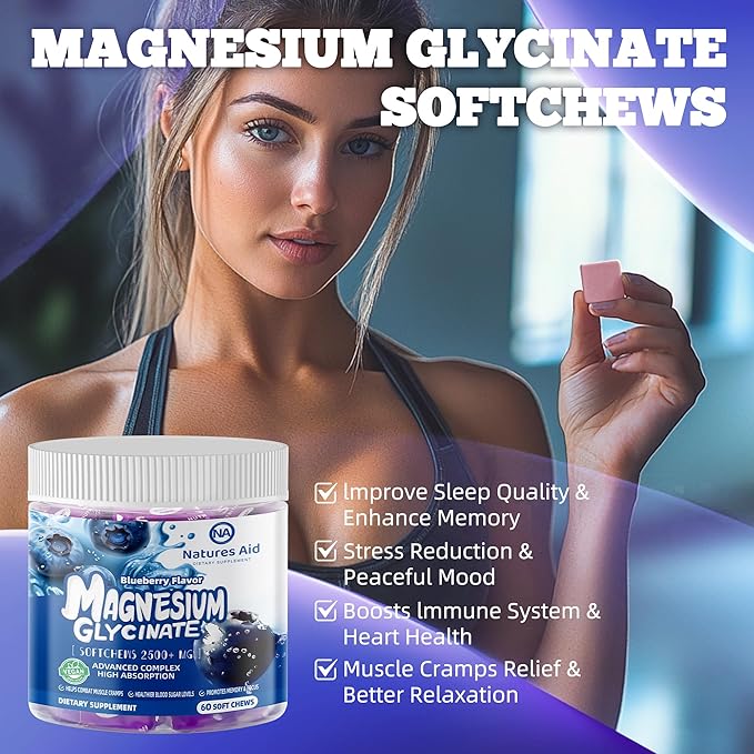 Magnesium Glycinate Soft Chews, Blueberry Flavor.Chewable Sugar Free Potassium Magnesium Chews with Magnesium Glycinate, Vitamin D, B6, and CoQ10 for Calm Support & Sleep for Adults, 60 Days Supply