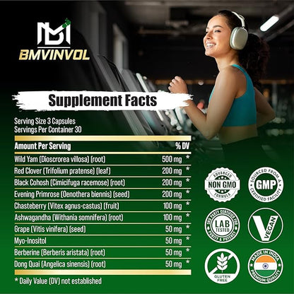BMVINVOL Wild Yam Supplement | Red Clover, Black Cohosh, Evening Primrose, Berberine, Myo-Inositol - Hormone Balance for Women [ 90 Capsules]