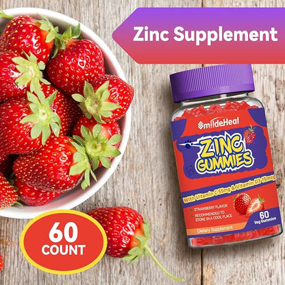 Zinc Gummies, Zinc 50mg, Zinc Citrate, with Vitamin C, Vitamin D3, Non-GMOs, Gluten Free, Strawberry Flavor Gummies, 60 Count (Pack of 2)
