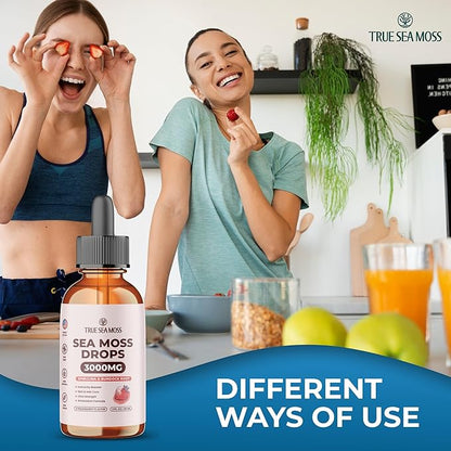 Irish Sea Moss Drops - 5X Stronger Than Sea Moss Gel - 92+ Essentials Minerals - with Spirulina Powder, Burdock Root & Black Cumin - 2 Fl Oz (60ml) - Strawberry Flavor