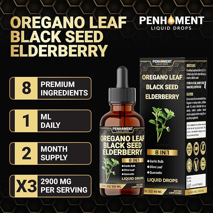 8in1 Oil of Oregano Drops with Black Seed Oil Liquid | Contains Carvacrol | Garlic, Elderberry, Olive Leaf, Quercetin, Bromelain - 2 Fl Oz