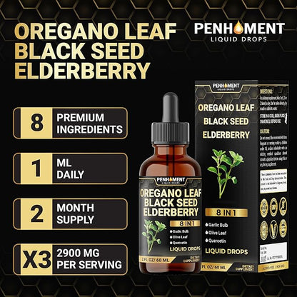 8in1 Oil of Oregano Drops with Black Seed Oil Liquid | Contains Carvacrol | Garlic, Elderberry, Olive Leaf, Quercetin, Bromelain - 2 Fl Oz